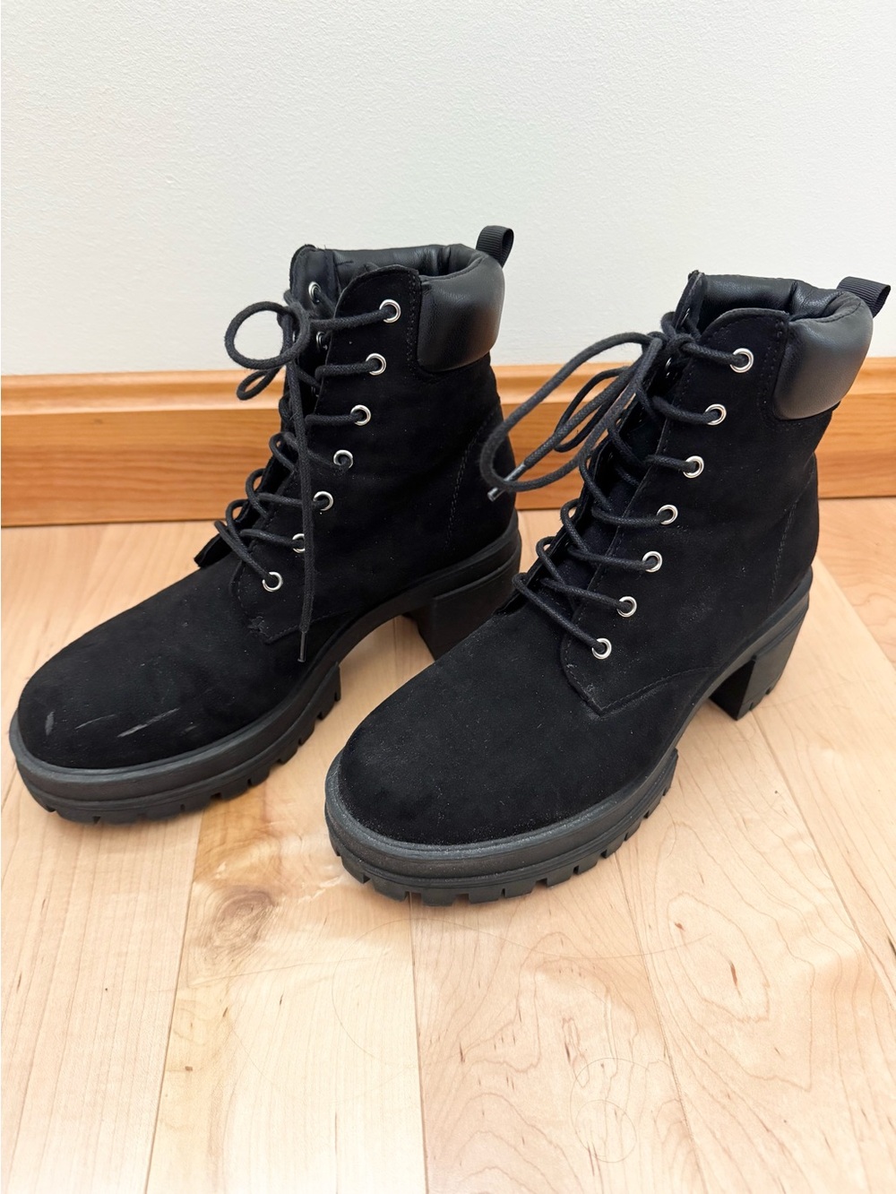 Forever 21 Black Suede Chunky Heeled Combat Boots - Size 6